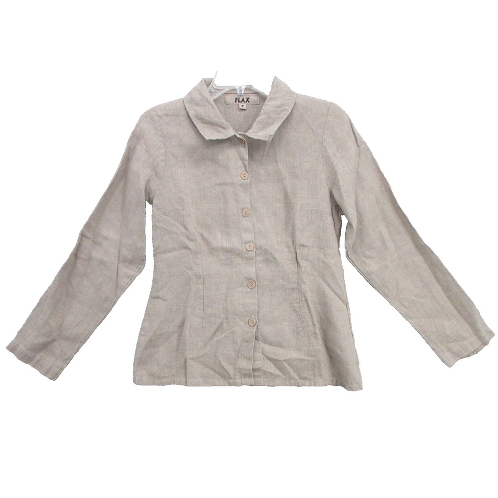 FLAX Designs Linen XS Corozo Buttons Collared Solid Beige Long Sleeve New